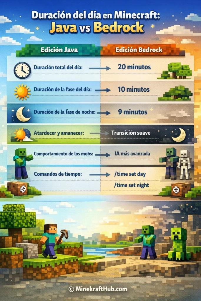 Duración del día en Minecraft Java vs Bedrock